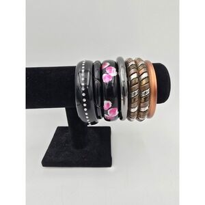Lot Of 6 Bangles Metallic Mixed Material Painted Rhinestone Bracelets Black